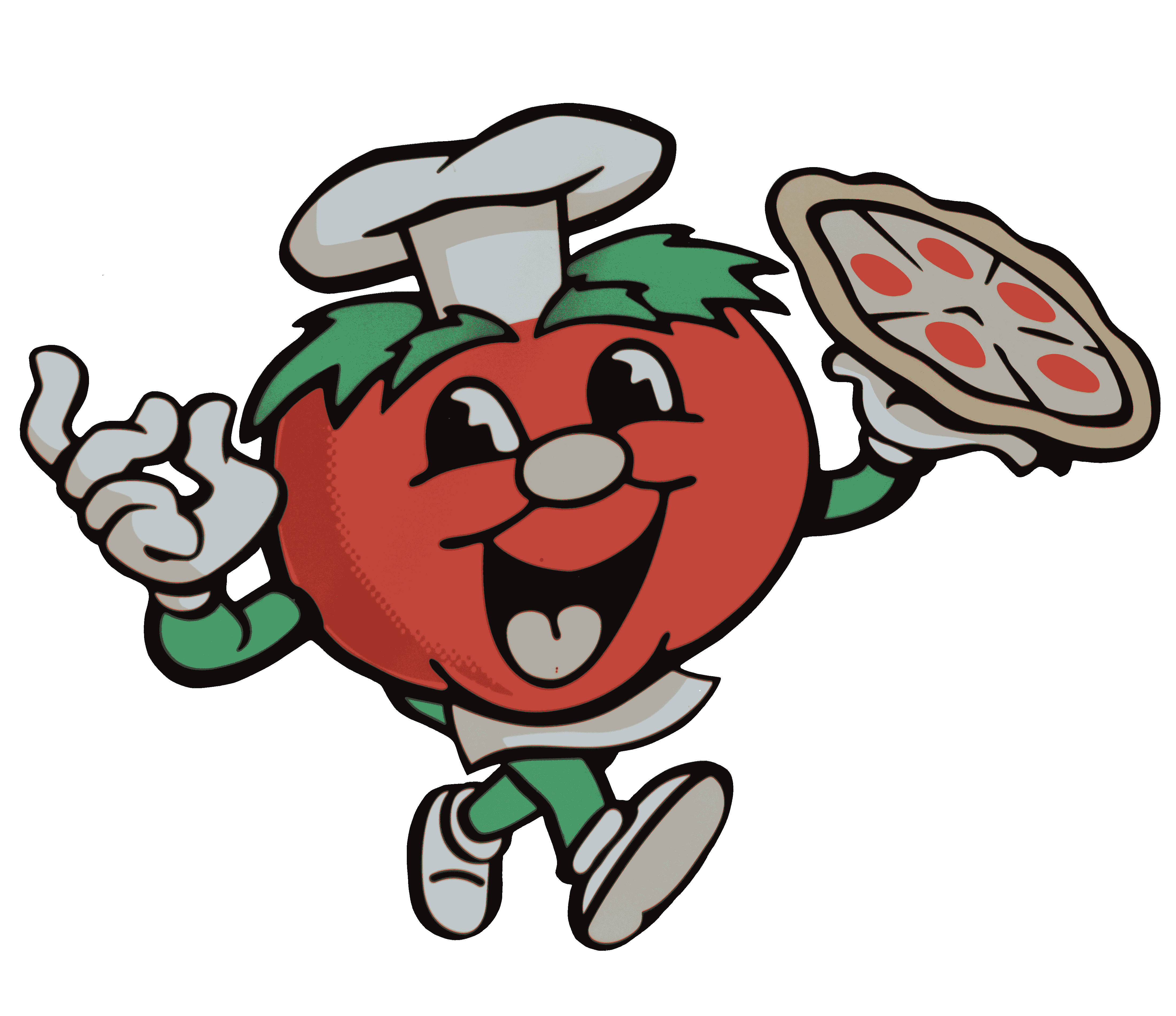 happy tomato holding a pizza